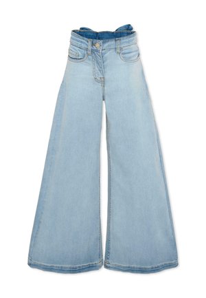 Jeans di jeans azzurro chiaro a vita alta con gambe larghe, tasche frontali, chiusura con bottone e cerniera.