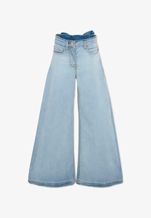 Jeans di jeans azzurro chiaro a vita alta con gambe larghe, tasche frontali, chiusura con bottone e cerniera.