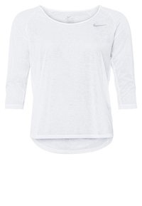 White Nike Dri-FIT long-sleeve shirt, lightweight fabric, rounded hem, relaxed fit, gray logo near the neckline, soft texture.