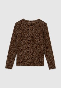 Maglietta marrone a maniche lunghe con un motivo a leopardo, caratterizzata da un collo rotondo e una vestibilità comoda. Tessuto morbido con una superficie liscia.