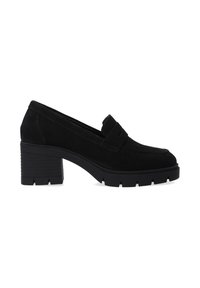 Mocassins à plateforme en suède noir avec un bout arrondi, dotés d'une sangle décorative, d'un talon large et résistant et d'une semelle en caoutchouc texturée.
