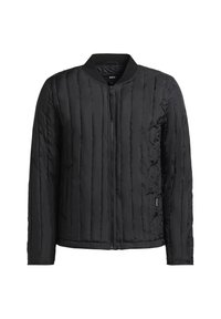 Black insulated bomber jacket with quilted texture, ribbed collar, full zip closure, and side pockets. Simple, functional design.