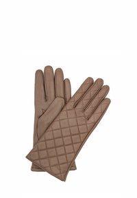 Brązowe skórzane rękawiczki z pikowanym wzorem na plecach, charakteryzujące się gładkim wykończeniem, czterema palcami i wygodnym dopasowaniem.