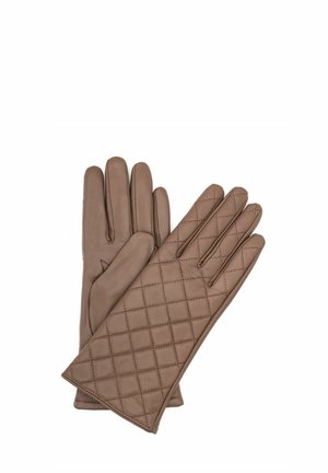 Brązowe skórzane rękawiczki z pikowanym wzorem na plecach, charakteryzujące się gładkim wykończeniem, czterema palcami i wygodnym dopasowaniem.
