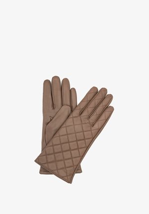 Brązowe skórzane rękawiczki z pikowanym wzorem na plecach, charakteryzujące się gładkim wykończeniem, czterema palcami i wygodnym dopasowaniem.