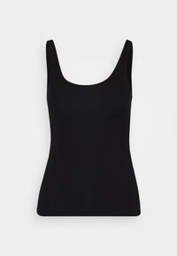 Musta hihaton toppi, jossa on sileä, joustava kangas, pyöreä kaula-aukko ja leveät olkaimet, muotoileva siluetti ja ilman koristeita.