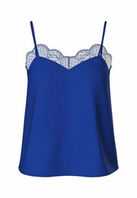 Camisola blu realizzata in tessuto morbido, con delicate decorazioni in pizzo sul collo. Sottile spalline regolabili completano il design.