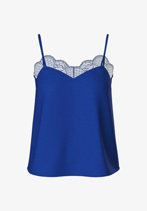 Camisola blu realizzata in tessuto morbido, con delicate decorazioni in pizzo sul collo. Sottile spalline regolabili completano il design.