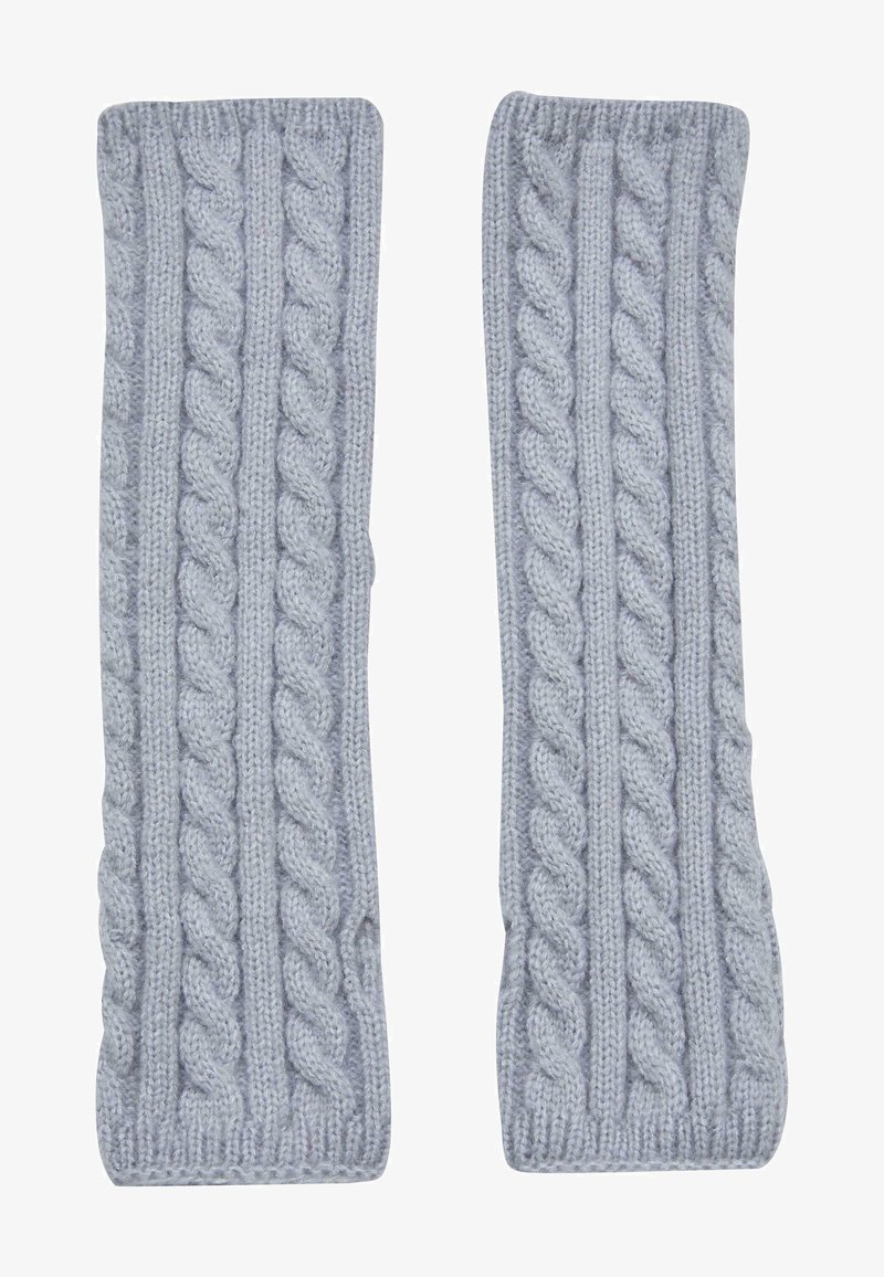 Mangas de brazo de punto gris con diseño de trenzas y bordes acanalados, hechas de hilo suave, que proporcionan calidez y comodidad.