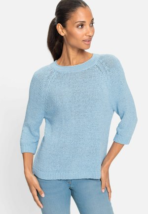 Hellblauer gestrickter Pullover mit Rundhalsausschnitt, drei Viertel-Langärmel und gerippten Bündchen und Saum. Texturiertes Gewebe mit lockerer Passform.