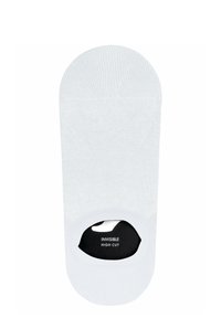 Weiße, hochgeschnittene, unsichtbare Socken mit glatter Textur und einem schwarzen Innenfutter, auf dem der Text "INVISIBLE HIGH CUT" sichtbar ist.