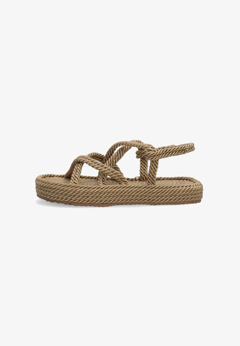 Tan rope sandals with braided straps, flat sole, textured finish, and open back for easy wear.  Design emphasizes casual comfort.