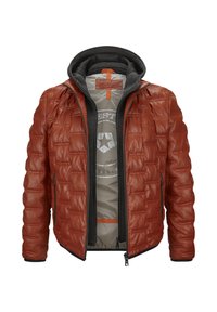 Männer Steppjacke aus rostfarbenem Leder mit grauer Kapuze. Verfügt über einen Reißverschluss vorne, zwei Reißverschlusstaschen und ein weiches Innenfutter mit einem Logo.