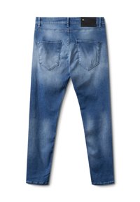 Zilas džinsu bikses ar nolietu mazgāšanu, piecām kabatām un melnu jostas uzlīmi. Taisna kāju forma, gluda tekstūra un bez redzamām rotājumiem.