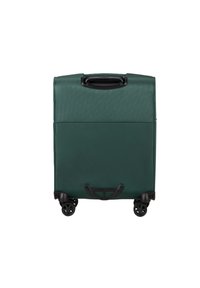 Valigia verde con texture, design solido, manico superiore, due ruote laterali e manico ripiegabile per una facile mobilità.