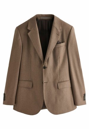 Blazer en laine marron avec revers cranté, deux poches avant, fermeture à un bouton et pochette décorative avec une texture lisse.