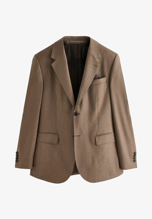 Blazer de lana marrón con solapa muesca, dos bolsillos delanteros, cierre de un botón y un pañuelo de bolsillo decorativo con una textura suave.