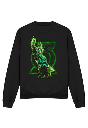 Schwarzer Sweatshirt mit einer leuchtend grünen Superheldenfigur, die eine geballte Faust vor einem grünen Kraftkreis-Symbol hebt.