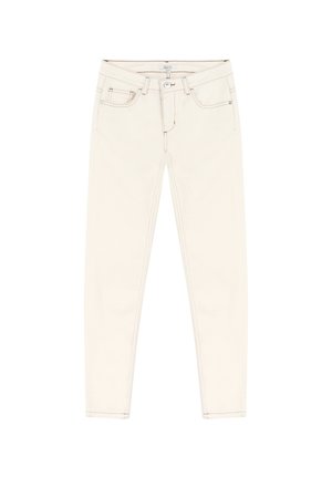 Jean blanc slim fit avec bouton et fermeture éclair à l'avant, cinq poches et coutures apparentes, posé à plat sur un fond blanc.