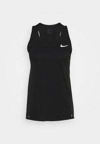Top da donna nero Nike Dri-FIT con scollo rotondo, design senza maniche e logo bianco sul lato sinistro del petto. Tessuto morbido e leggero.