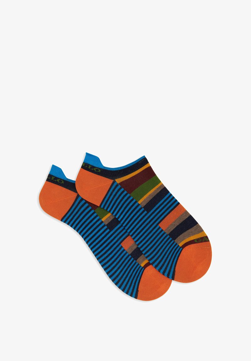 Colorful ankle socks featuring blue horizontal stripes, vibrant orange accents, and a bold geometric pattern in various colors. Soft fabric texture.