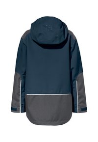 Marineblaue, wasserdichte Jacke mit grauem Unterteil, verstellbare Kapuze und reflektierenden Akzenten. Sie hat lange Ärmel und einen lässigen Schnitt.
