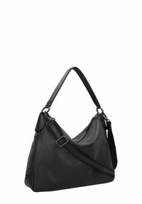 Borsa a spalla in pelle nera con superficie texture, forma triangolare, tracolla regolabile e dettagli in metallo color argento. Chiusura con zip.