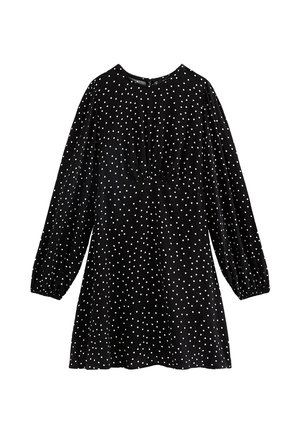 Schwarzes langärmeliges Kleid mit weißen Polka-Dots, rundem Ausschnitt, gerafftem Detail unter der Brust und elastischen Bündchen an den Ärmeln.