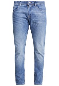 Vaqueros de denim ajustados de color azul claro con bolsillos frontales, presillas para cinturón, cierre de botón y un sutil desgastado.