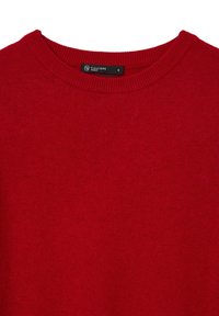 Roter Strickpullover mit einem gerippten Rundhalsausschnitt. Hergestellt aus weichem Stoff, mit glatter Textur und ohne sichtbare Muster oder Akzente.
