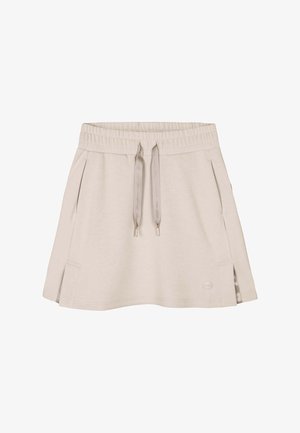 Beige casual skirt with elastic waistband, front drawstring, side pockets, and small slit details near the hem.