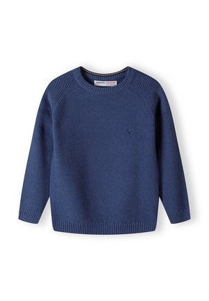 Granatowy dziergany sweter z okrągłym dekoltem, długimi rękawami, ściągaczem na kołnierzu, mankietach i dole, oraz małe wyszywane logo na piersi.