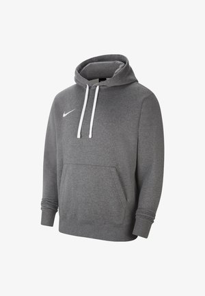 Šedá mikina Nike s bílými šnůrkami na stažení, přední kapsou kangaroo a malým bílým logem Nike na hrudi.