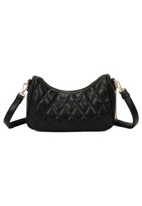 Borsa a tracolla nera trapuntata con forma curva, chiusura a zip e tracolla regolabile. Presenta una texture in pelle liscia e hardware dorato.