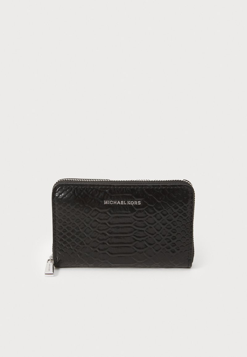 Black crocodile-embossed leather wallet with silver-tone hardware. Features a zip closure and embossed logo on the front. Compact design.