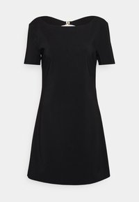 Vestido negro de mangas cortas con un amplio escote caído, silueta en A y un sutil detalle de cremallera dorada en la parte de atrás.