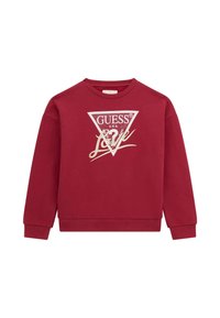 Felpa rossa con maniche lunghe, polsini a costine e collo a giro. Presenta un logo triangolare bianco e argento con il testo "GUESS LOVE."
