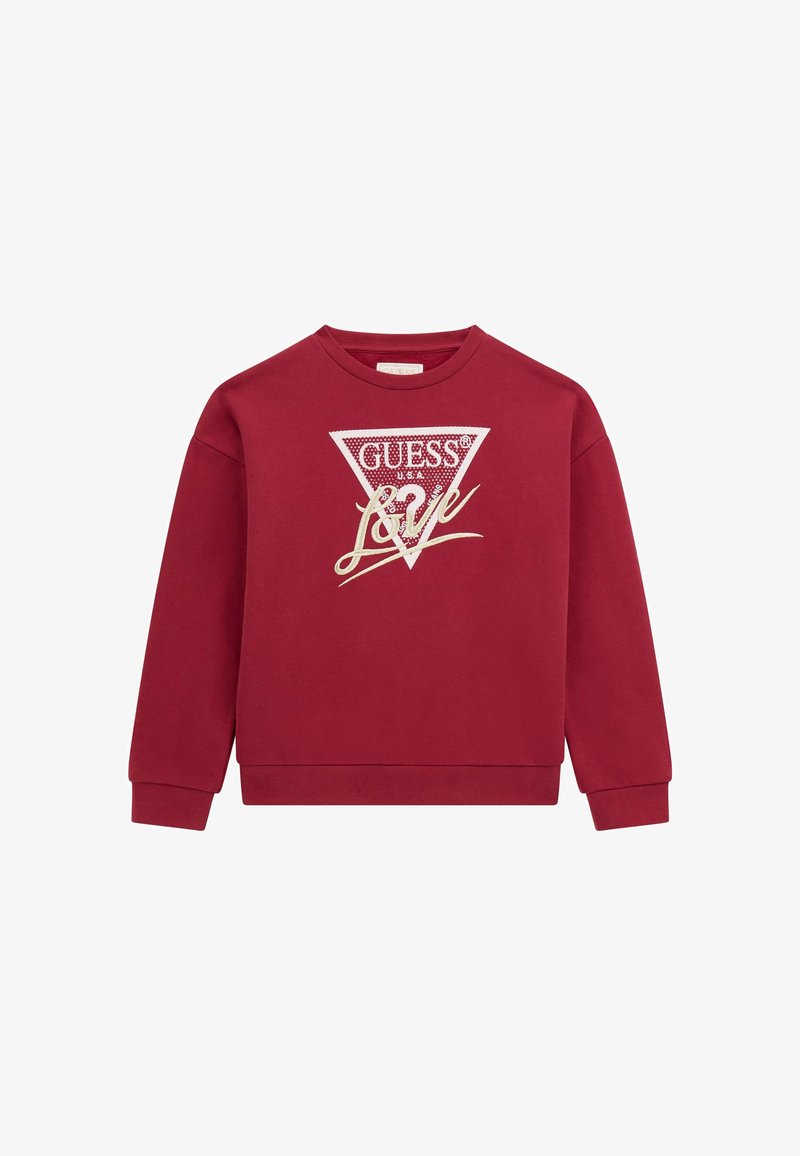 Felpa rossa con maniche lunghe, polsini a costine e collo a giro. Presenta un logo triangolare bianco e argento con il testo "GUESS LOVE."