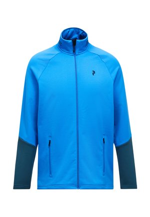 Blå zip-up jakke lavet af glat stof med høj krave, kontrasterende mørkeblå detaljer på ærmerne og sidelommer med lynlåse.