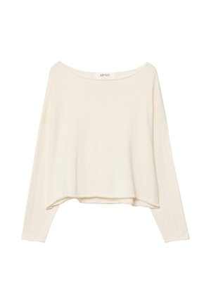 Helles beige, verkürztes Sweatshirt mit weiter Ausschnitt, langen Ärmeln und einem weichen, strukturierten Stoff. Verfügt über eine entspannte, kastige Passform.