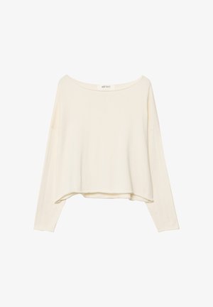 Sweatshirt court beige clair avec un large col, des manches longues et un tissu doux et texturé. Présente une coupe décontractée et carrée.