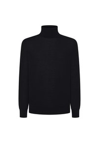 Maglione a collo alto nero realizzato in morbido tessuto lavorato a maglia. Presenta maniche lunghe e una silhouette aderente senza motivi visibili o decorazioni.