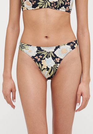 Floral bikini bottom featuring a black background with large light blue and peach flowers, green leaves, and a seamless design.