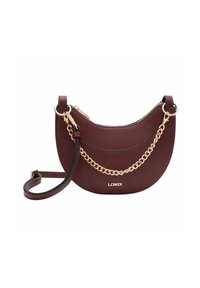 Burgunderfarbene Leder-Schultertasche mit geschwungenem Design, goldener Kettenakzent, verstellbarem Tragegurt und Reißverschlussverschluss. Mit Logo auf der Vorderseite.
