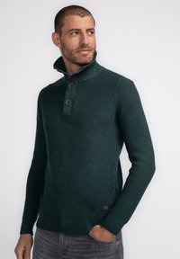 Donkergroene gebreide trui met een hoge kraag, een knoopsluiting met twee knopen, geribde manchetten en zoom, met een gestructureerd, gemêleerd patroon.