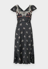 Μαύρο μεσαίο φόρεμα με λουλουδάτα και πουά σχέδια. Διαθέτει ντεκολτέ σε σχήμα V, κοντά μανίκια με βολάν και τελείωμα με βολάν. Κατασκευασμένο από ελαφρύ ύφασμα.