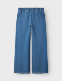 Breda denimbyxor i medelblått. Har en elastisk midja och råa fållar. Tillverkade av slitstark denim med en jämn textur.