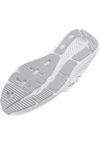 Biała podeszwa sportowego buta z teksturowanymi rowkami i okrągłymi wgnieceniami. Charakteryzuje się gładką powierzchnią z elementami gumowej przyczepności.