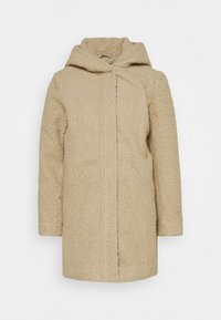 Beige fleecejakke med hætte, struktureret overflade, foran lukning og sidelommer. Mellemlang med en afslappet silhuet.