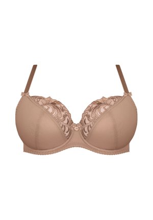 Beige ondergoed beha met kantdetail aan de bovenkant, gladde cups, verstelbare banden en kleine decoratieve strikjes op de banden.